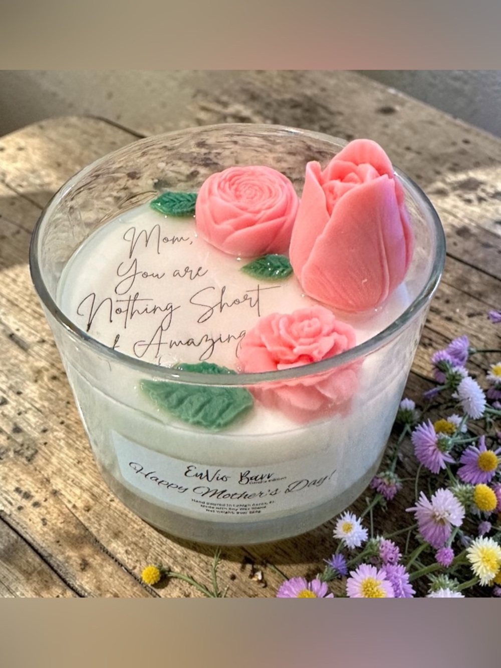 Hand-Poured Pink Floral Coconut Soy Wickless Candle - Mom Gift (Mother’s Day)